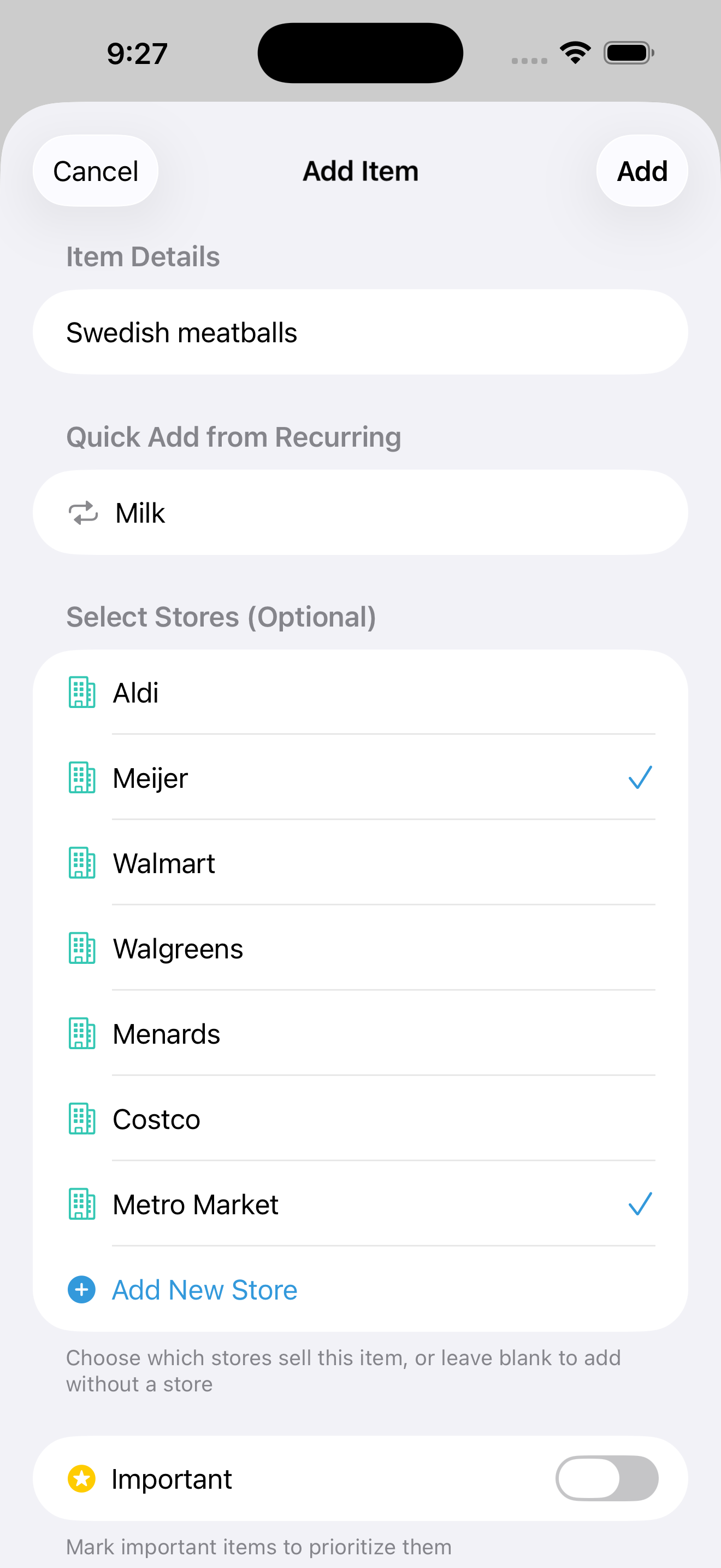 Easy item management with store selection